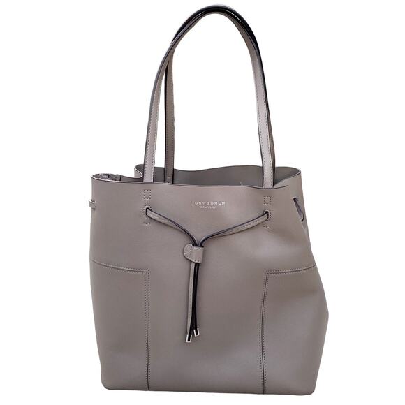 Tory Burch Block T Drawstring 100% Leather Tote Bucket Bag French Gray Handbag - Picture 1 of 15